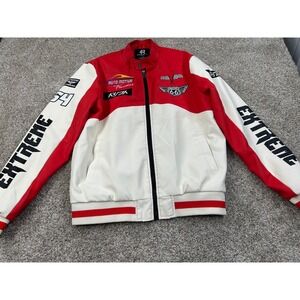 Refinery Republic Men Red White Faux Leather Racer Jacket Route 66 Small